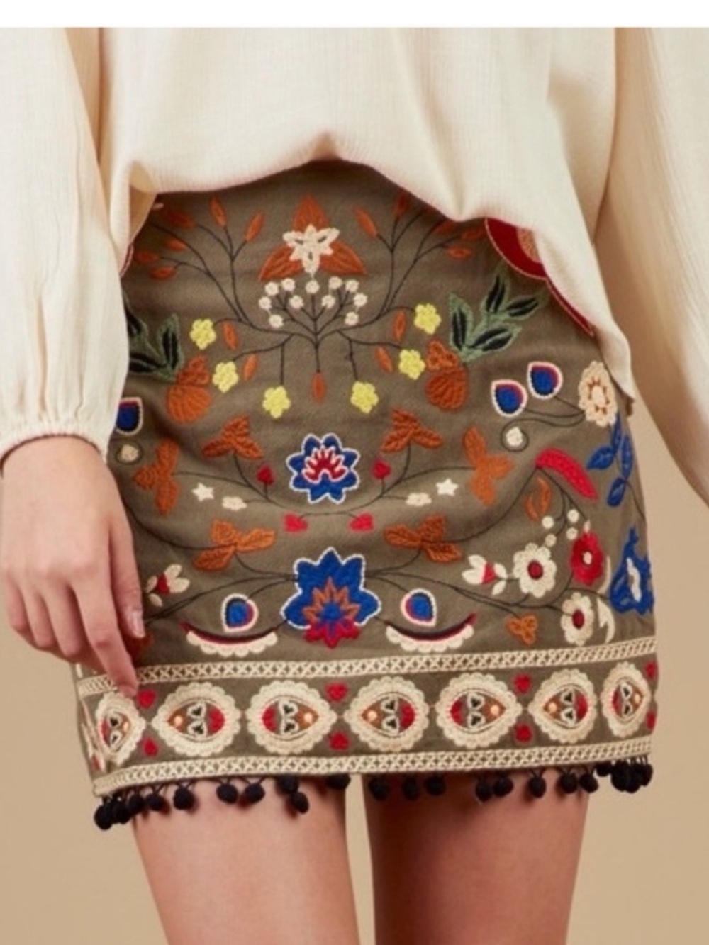 Altar’d State Embroidered Brown Floral Mini Skirt with Red Bird Motif